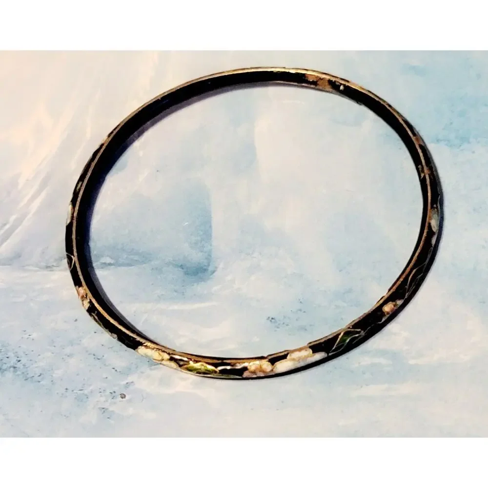 Vintage Boho Cloisonné Bangle Bracelet Black Floral Enamel 2.75